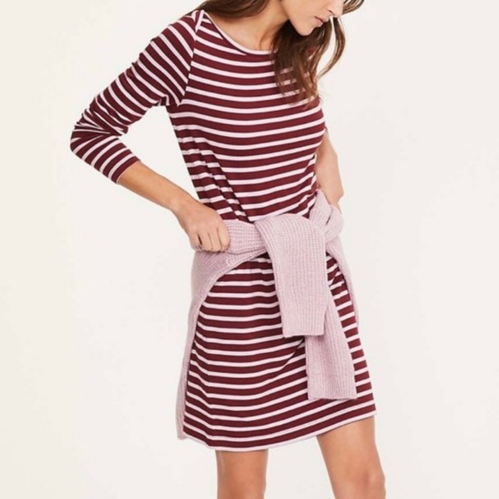 Lou & Grey Signature Soft Red Pink Stripe Boat neck Long Sleeve Dress Large NWT